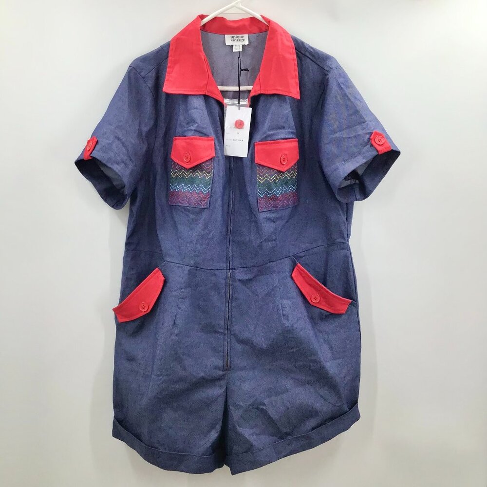 Dopamine Retro Denim Romper Women's 2X Rainbow LGBTQ+ Pride Red Contrast Cuffs - Picture 2 of 12